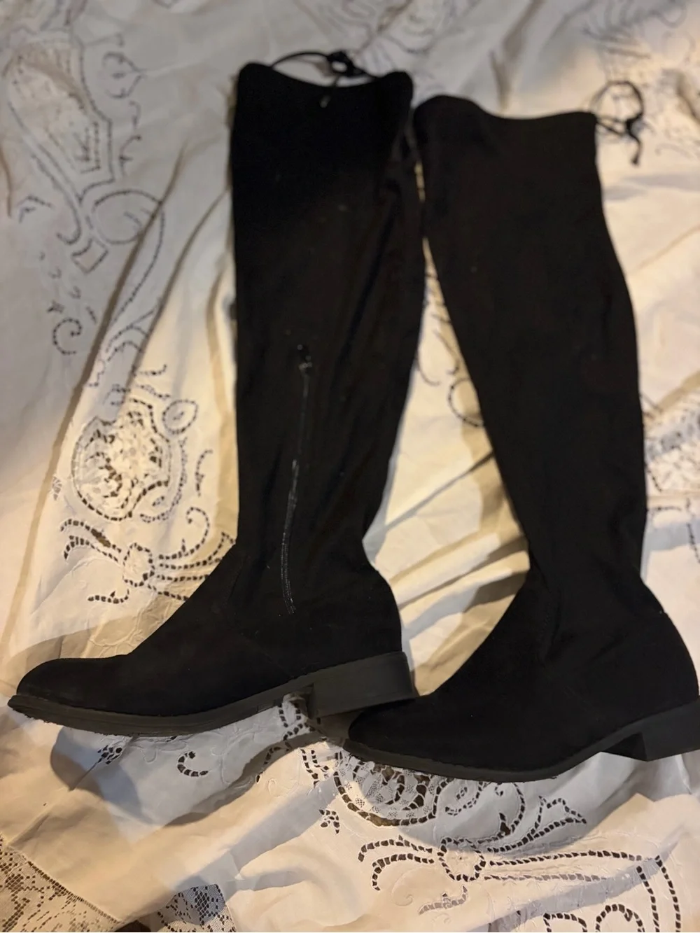 Black Over-the-Knee Stretch Boots with Low Block Heel